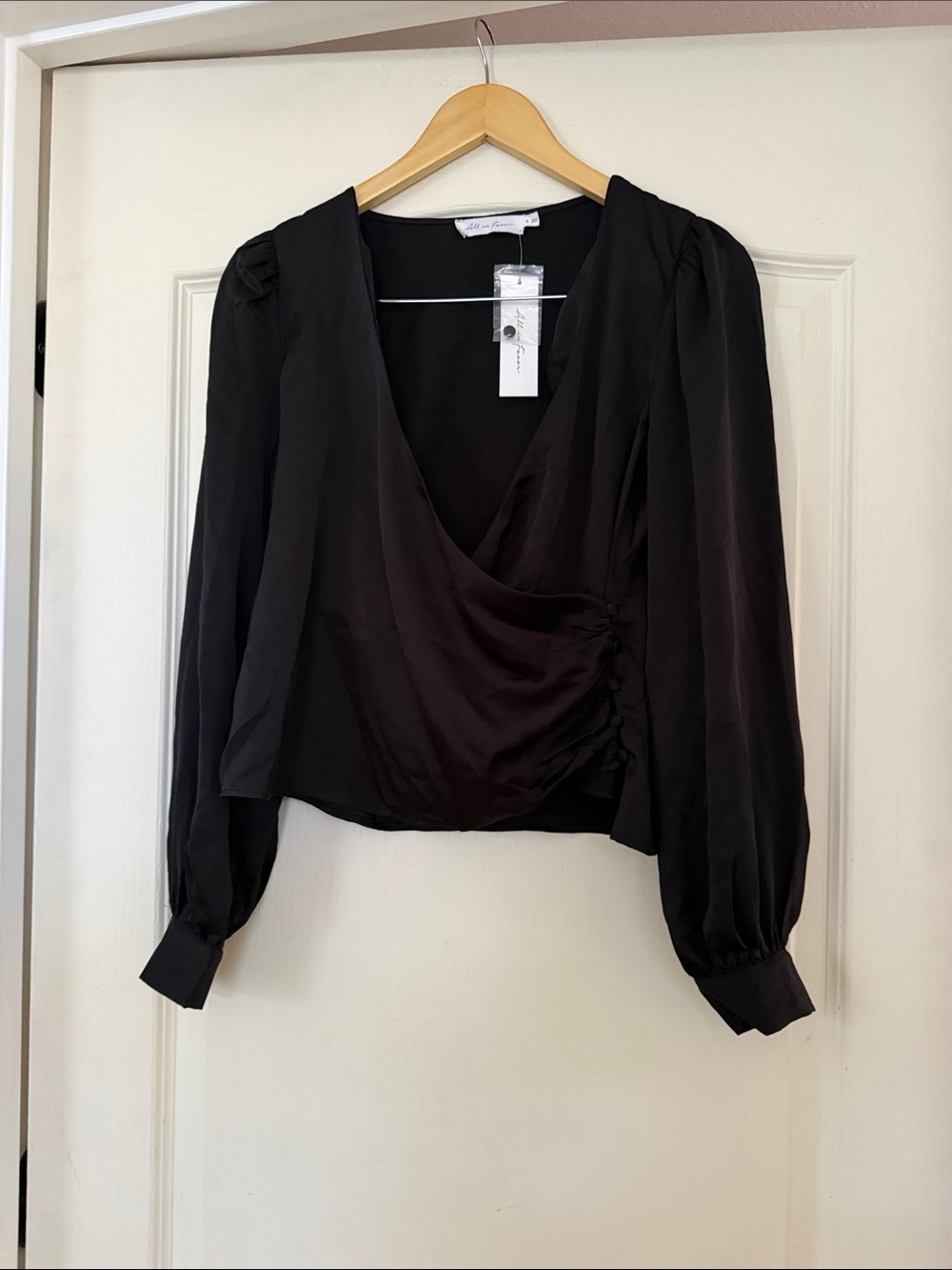 NEW All in Favor Black Wrap Blouse with Puff Sleeves